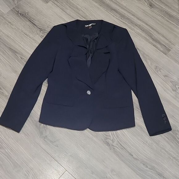 Navy Karl Lagerfeld Ruffle Lined Button Blazer - Picture 1 of 8